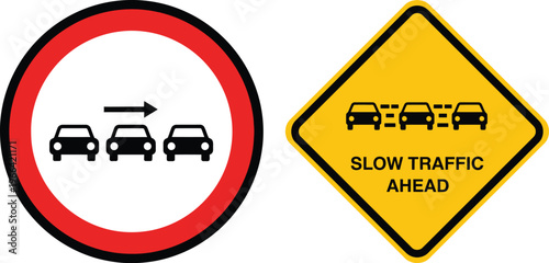 Traffic signs for no overtaking and slow traffic ahead