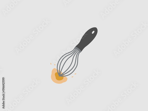 A flat illustration of a classic kitchen whisk with a black handle