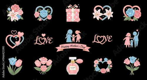 Charming mother's day collection with beautiful floral arrangements and heartwarming gift icons
