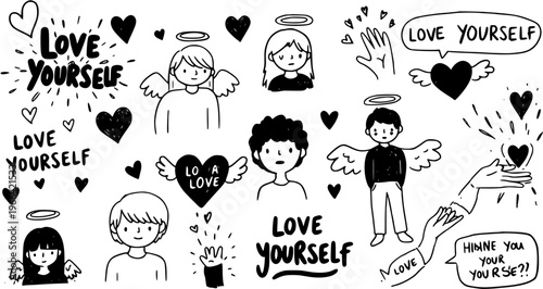 Black  White Doodle Line Art Vector Set: Self-Love Concepts, Angel Characters, Hearts, Hands  'Love Yourself' Typography for Mental Health, Wellness  Personal Growth.