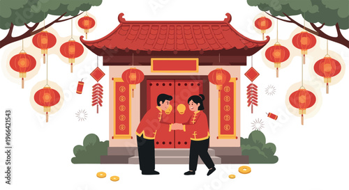 Illustration of two people in traditional Chinese clothing standing outside a temple with red lanterns and decorations.