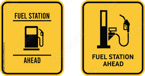 Fuel station ahead road signs set