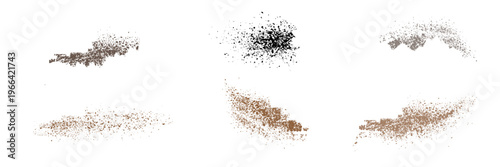 Flying coffee or chocolate powder, dust particles in motion, ground splash isolated on light background. Vector illustration.