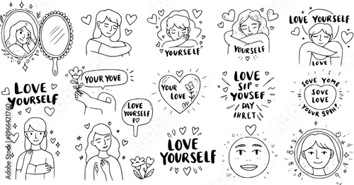 Black and White Line Art Illustrations of Self-Love and Self-Care for Lifestyle and Wellness