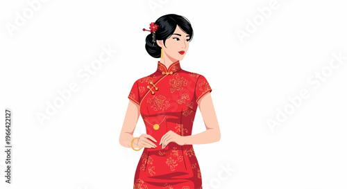 Illustration of a young Asian woman wearing a traditional red cheongsam dress with golden accents, standing against a plain white background.