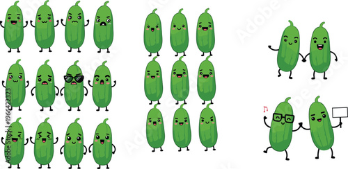 Cute Cucumber Cartoon Characters Collection with Funny Emotions and Poses, Kawaii Vegetable Mascots Set for Healthy Food Vector Illustration