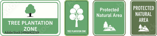 Set of green signs for tree plantation and protected natural areas