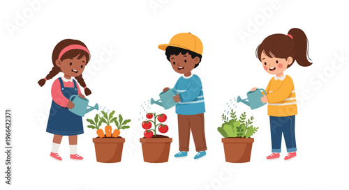 Three diverse young children are joyfully watering various potted vegetables like carrots and tomatoes in this simple vector illustration.