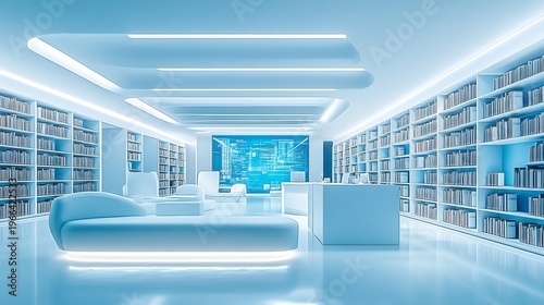 Futuristic and Serene Academic Library with Innovative Lighting and Bookshelves