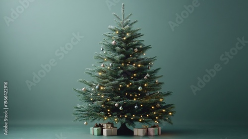 Beautifully lit Christmas tree stands in the winter landscape