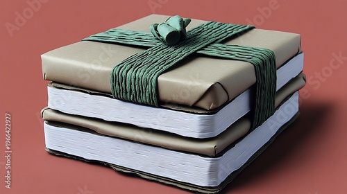 Neatly Stacked Gift Boxes Tied with Green Ribbon on Minimalist Background