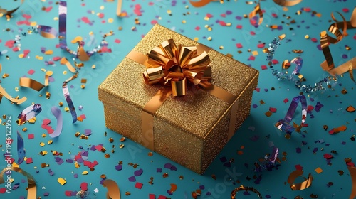 Sparkling Gold Gift Box with Bow on Festive Background