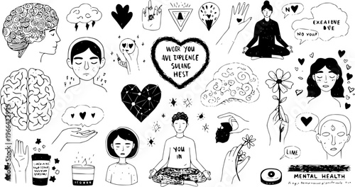 Black and White Line Art of Mental Health Symbols, Brain, Meditation, Self-care, and Emotions