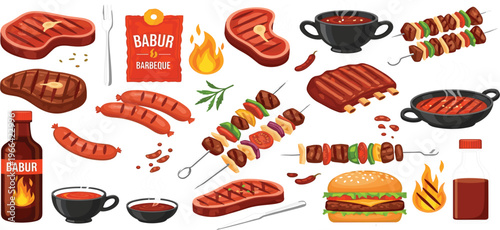 BBQ Grill Food Collection with Steaks, Sausages, Skewers, Burger and Sauces, Flat Illustration Set for Barbecue Party, Cooking, Outdoor Dining, and Restaurant Menu Design