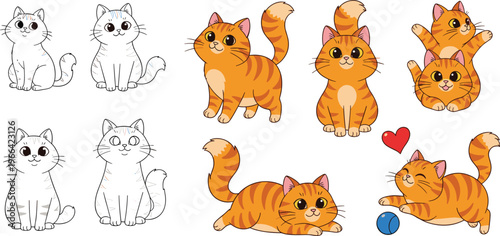 Cute Ginger Cat Cartoon Characters Collection with Different Poses and Emotions, Kawaii Kitten Set for Pet Lovers Vector Illustration