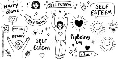 Black and White Hand-Drawn Doodle Set for Self-Esteem, Mental Health  Positive Well-being with Happy People, Hearts, Suns  Motivational Text Illustrations