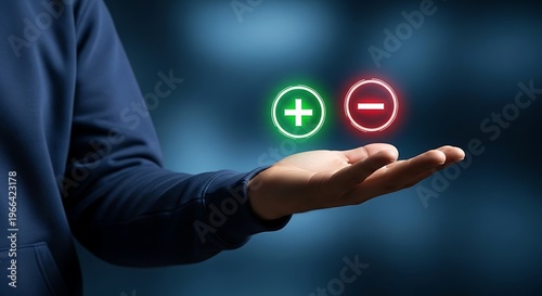 A person holding a positive and negative sign in their hand with a blue background