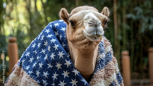 Patriotic Camel Wrapped in American Flag Stars and Stripes