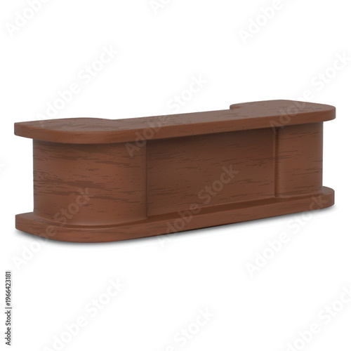 Wooden service desk table realistic vector 3D mockup, reception office furniture, promotional presentation curved table