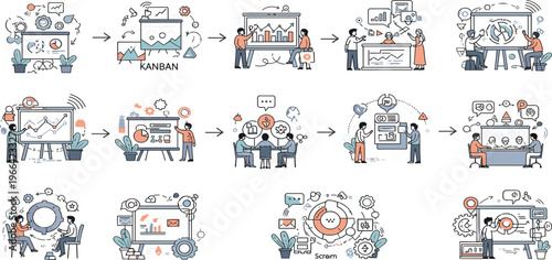 Agile Workflow and Business Process Illustrations with Kanban, Scrum and Team Collaboration, Modern Illustration Set for Project Management and Development