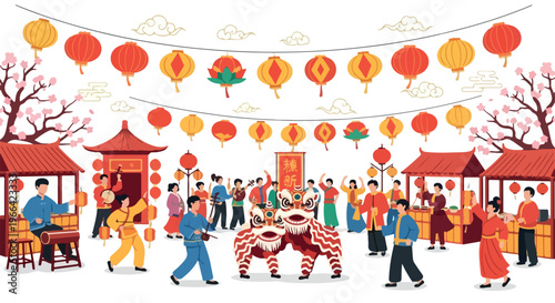 Illustration of a lively Chinese New Year celebration with people, lion dance, lanterns, and traditional architecture in a vibrant, festive setting.