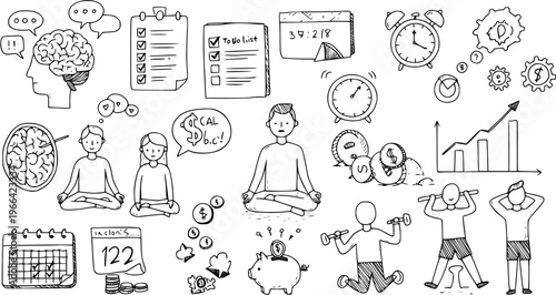 Hand-drawn Black and White Line Art Doodles of Personal Development Concepts: Brain, Meditation, Time, Money, Productivity, and Exercise for a Balanced Lifestyle.