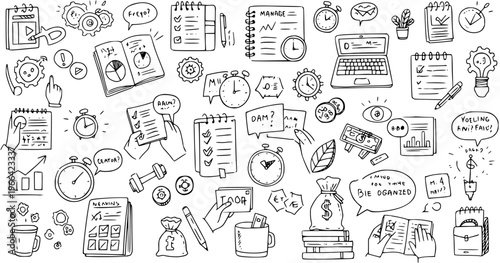 Business Productivity  Time Management Doodles: Clocks, Laptop, Money, Checklist, Black  White Line Art