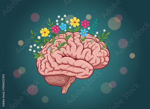 Human brain with spring colorful flowers. World Mental Health day banner. Concept of mental health, self care, happiness, harmony, positive thinking, creative mind, Mental Well-being & Cognitive Healt