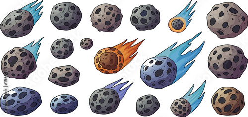 Asteroids and Meteors Collection with Fire Trails and Space Rocks, Cartoon Illustration Set for Astronomy, Space Exploration, and Cosmic Design