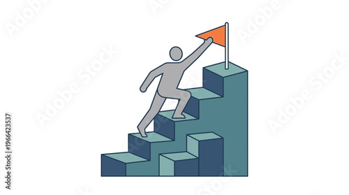 Person Reaching for Flag at Top of Stairs Symbolizing Success and Achievement