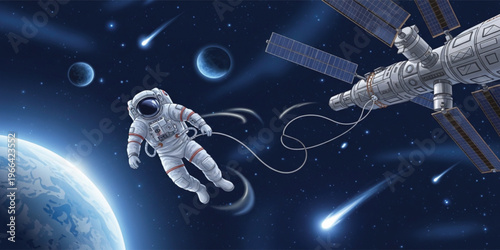 Astronaut Performing Spacewalk Near Orbital Station with Earth and Meteors Background, Outer Space Exploration Illustration for Science, Technology, and Futuristic Mission Concepts