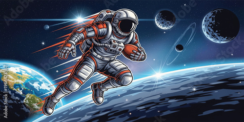 Astronaut Playing American Football in Outer Space with Planets and Earth Background, Futuristic Sports Concept Illustration Combining Space Exploration, Zero Gravity, and Cosmic Adventure Theme