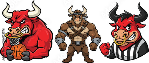 Angry Bull Mascot Character Set with Muscular Cartoon Bulls Basketball Viking Warrior and Referee Design for Sports Logo Esports Branding Vector