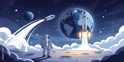 PrintAstronaut Watching Rocket Launch into Space with Earth Background, Futuristic Space Exploration Scene, Sci Fi Galaxy Illustration for Technology, Astronomy, and Innovation Concepts