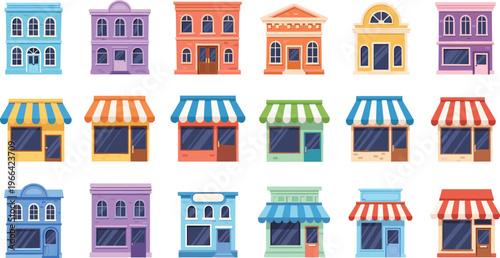 A large collection of colorful flat vector shop facade icons with awnings and storefront buildings for urban city street design and architectural retail projects.