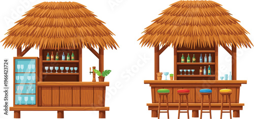 A collection of tropical beach bar vector illustrations featuring wooden counters with straw roofs colorful stools and shelves of drinks for summer vacation design.