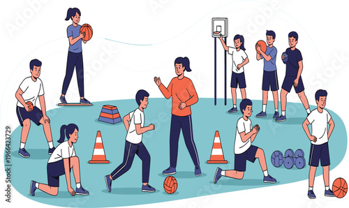 Basketball Training Session with Coach and Players Practicing Drills, Flat Illustration for Sports Coaching, Teamwork, and Fitness Activities