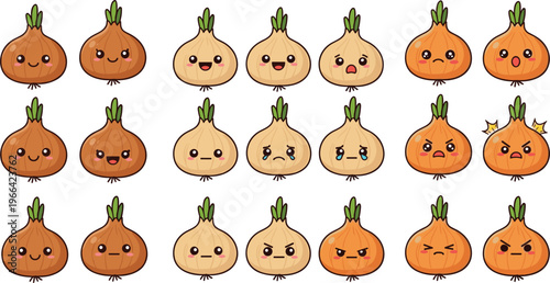 Cute Onion Cartoon Characters Collection with Funny Emotions and Expressions, Kawaii Vegetable Mascots Set for Food Design Vector Illustration