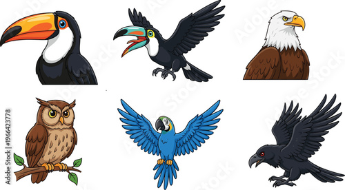 Bird Icon Set with Toucan Parrot Eagle Owl and Crow Cartoon Wildlife Collection for Nature Education and Animal Vector Illustration Design