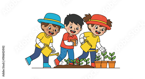 Three happy children are working together in a garden, watering small potted plants and sprouts in the soil with yellow watering cans.