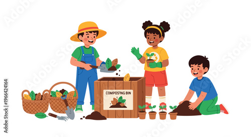 Three children are engaged in gardening and composting, learning how to turn organic waste into nutrient-rich soil for their plants.