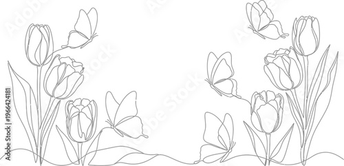 Beautiful continuous line art drawing depicts several blooming tulips interacting with fluttering butterflies against white background