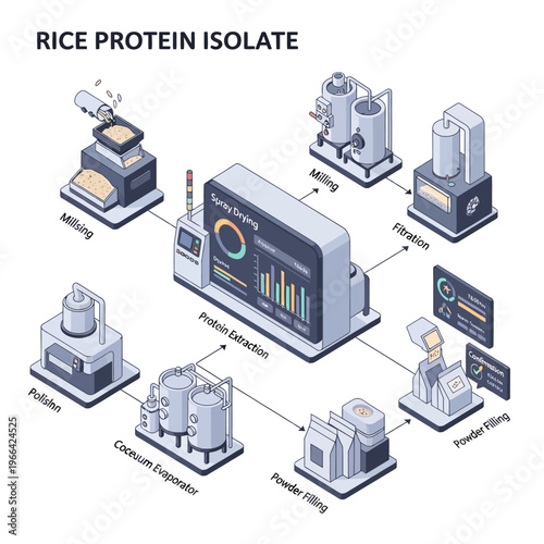 Diagram illustrating the industrial process for producing rice protein isolate, from milling to powder filling.