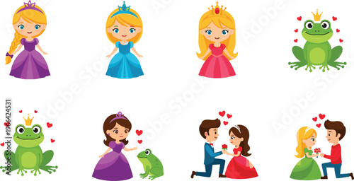 Fairy Tale Princess and Frog Character Set with Cute Royal Girls and Romantic Couple Scenes for Kids Storybook Cartoon Vector Illustration