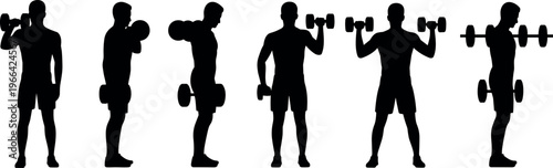 Athletic man lifting dumbbells silhouette set showing strength training exercises, bodybuilding workout routine, muscle building fitness concept isolated on white background