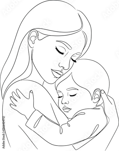 Continuous line drawing illustration of a loving mother gently embracing her sleeping baby, symbolizing peace and maternal bond.