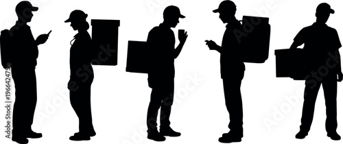 Delivery courier worker silhouette set with packages and smartphone, logistics service concept, shipping, parcel distribution and last mile delivery operations