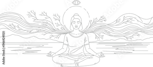 Peaceful woman meditating in lotus position beneath a blooming spiritual energy symbol and flowing natural elements