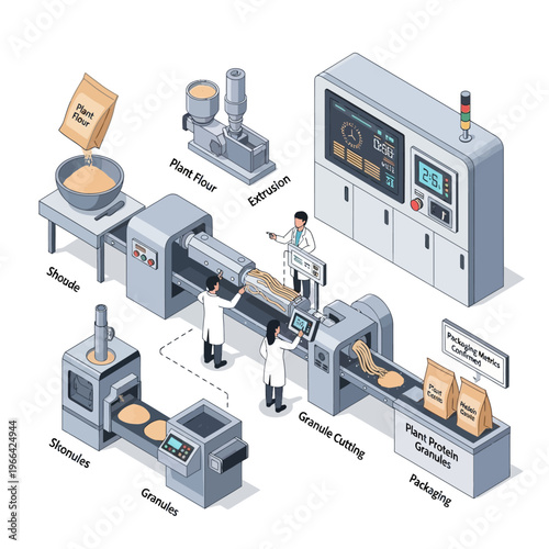 Diagram illustrating the industrial process of creating plant-based protein granules from plant flour through extrusion and packaging.