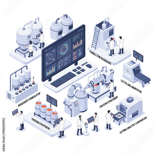 Isometric illustration of a modern pharmaceutical manufacturing process, showcasing research, development, production, and quality control.
